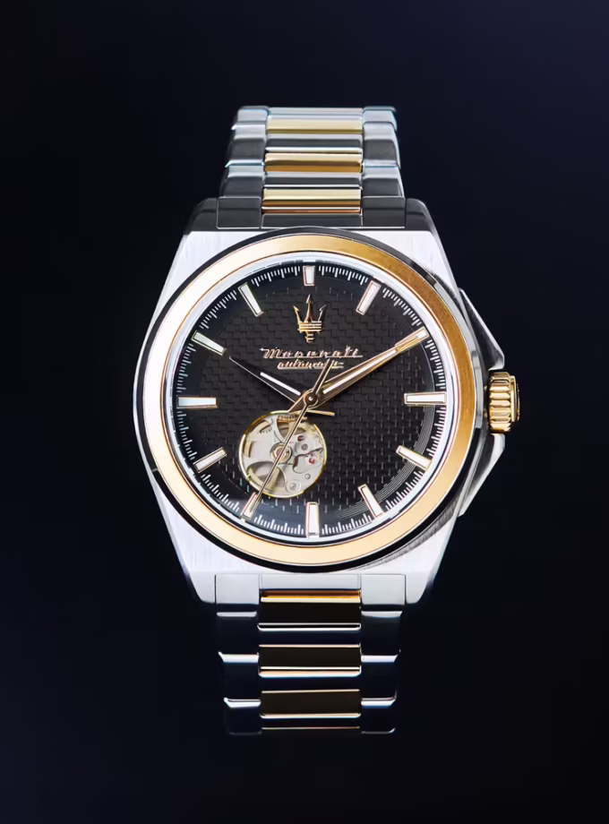 Montre Automatique Maserati - Homme - Étanche 100m, Cadran Noir à Cœur Ouvert, Boîtier Rond 41mm - Acier Inoxydable - Bracelet Argent-Or - R8823152001