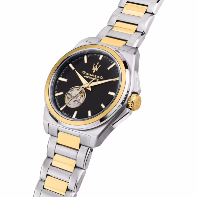 Montre Automatique Maserati - Homme - Étanche 100m, Cadran Noir à Cœur Ouvert, Boîtier Rond 41mm - Acier Inoxydable - Bracelet Argent-Or - R8823152001