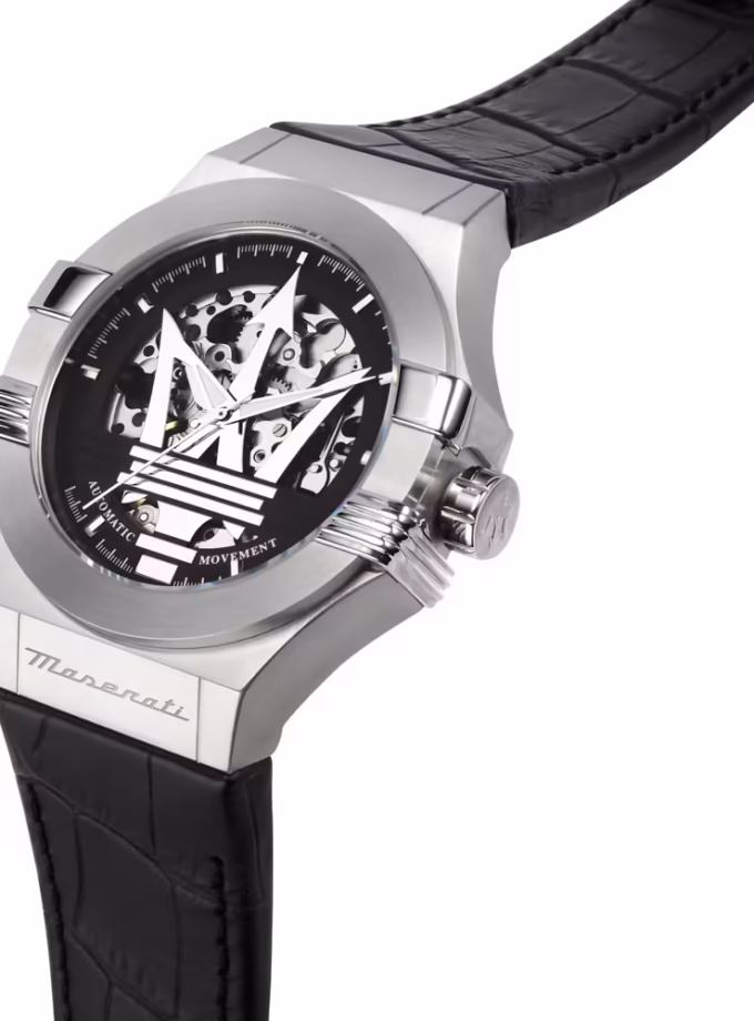 Montre Automatique Maserati Potenza Homme - Boîtier Acier Inoxydable 42mm, Cadran Noir Mat, Étanche 10 ATM, Garantie 2 ans - Bracelet Cuir Noir - R8821108052