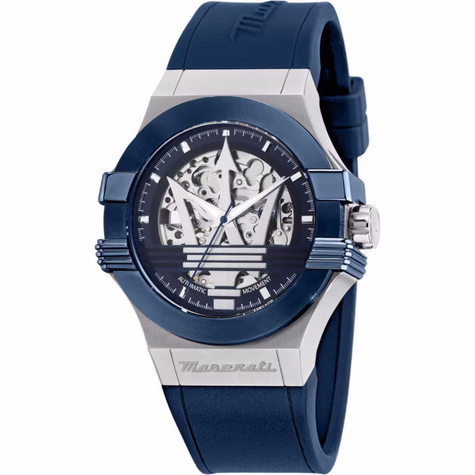 Montre Automatique Maserati R8821108050 - Homme - Étanche 100m, Boîtier Acier Inoxydable 42mm, Cadran Squelette, Verre Saphir - Bracelet Caoutchouc - Bleu - R8821108050