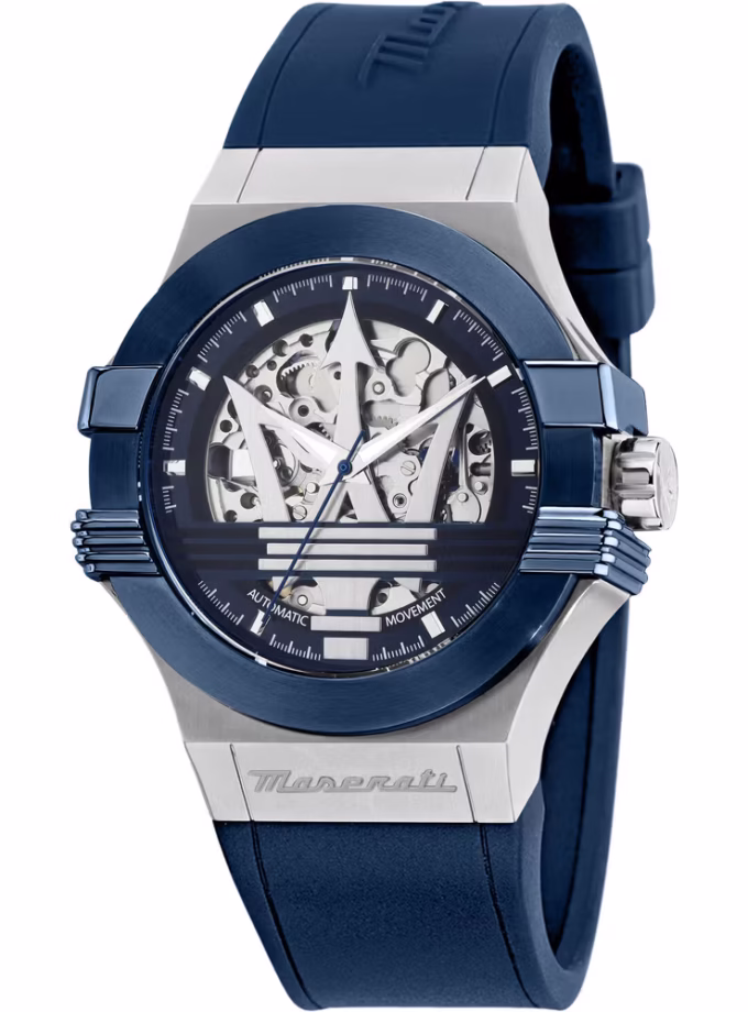 Montre Automatique Maserati R8821108050 - Homme - Étanche 100m, Boîtier Acier Inoxydable 42mm, Cadran Squelette, Verre Saphir - Bracelet Caoutchouc - Bleu - R8821108050