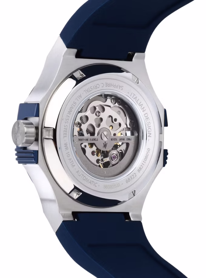 Montre Automatique Maserati R8821108050 - Homme - Étanche 100m, Boîtier Acier Inoxydable 42mm, Cadran Squelette, Verre Saphir - Bracelet Caoutchouc - Bleu - R8821108050