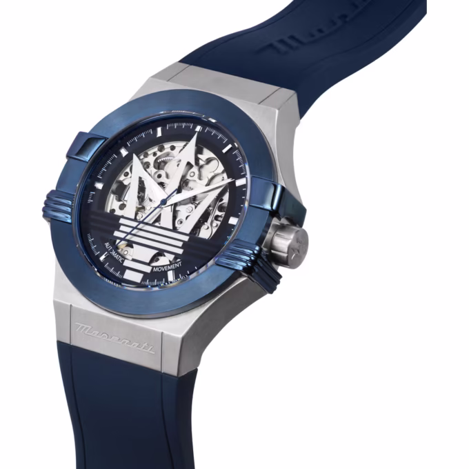 Montre Automatique Maserati R8821108050 - Homme - Étanche 100m, Boîtier Acier Inoxydable 42mm, Cadran Squelette, Verre Saphir - Bracelet Caoutchouc - Bleu - R8821108050