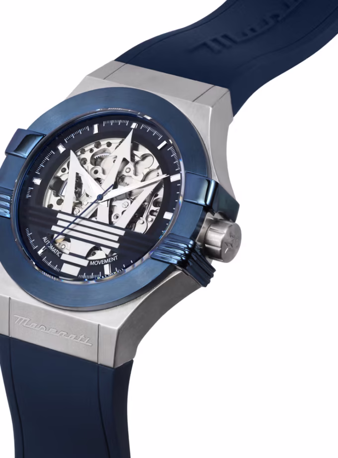 Montre Automatique Maserati R8821108050 - Homme - Étanche 100m, Boîtier Acier Inoxydable 42mm, Cadran Squelette, Verre Saphir - Bracelet Caoutchouc - Bleu - R8821108050