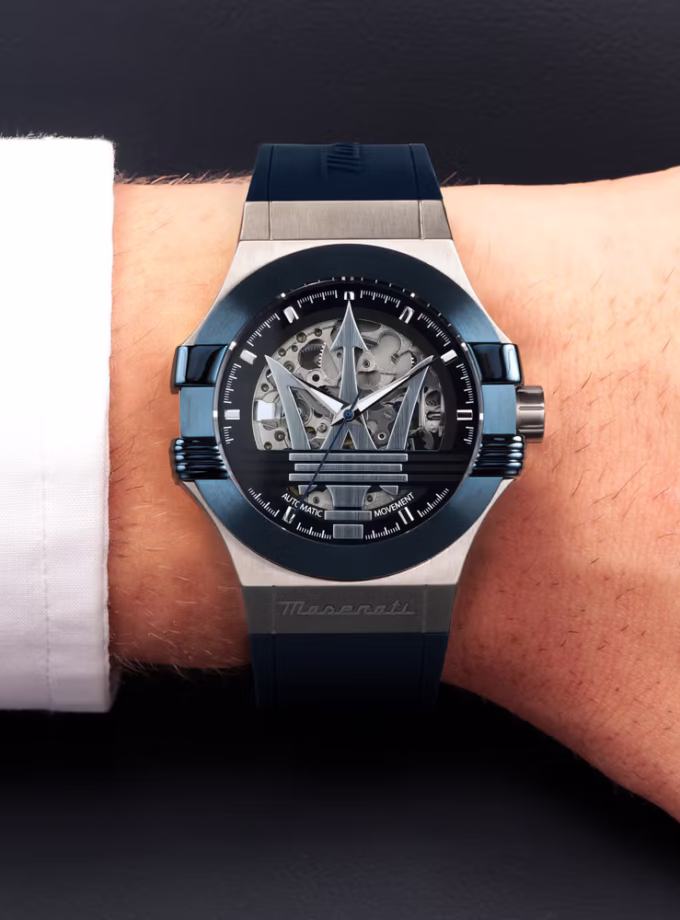 Montre Automatique Maserati R8821108050 - Homme - Étanche 100m, Boîtier Acier Inoxydable 42mm, Cadran Squelette, Verre Saphir - Bracelet Caoutchouc - Bleu - R8821108050