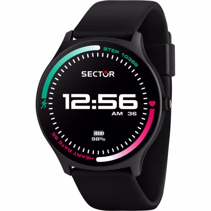 Montre Connectée Homme Sector S-06, Smartwatch IP68, Boîtier Synthétique - Noir 51x45mm, Bracelet Plastique Noir, Verre Minéral - R3251551001