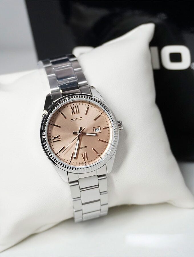 montre casio ltp 1302dd 4a2vdf femme bracelet acier inoxydable, résistance 50m, affichage analogique, verre minéral placage ionique rose gold ltp 1302dd 4a2vdf