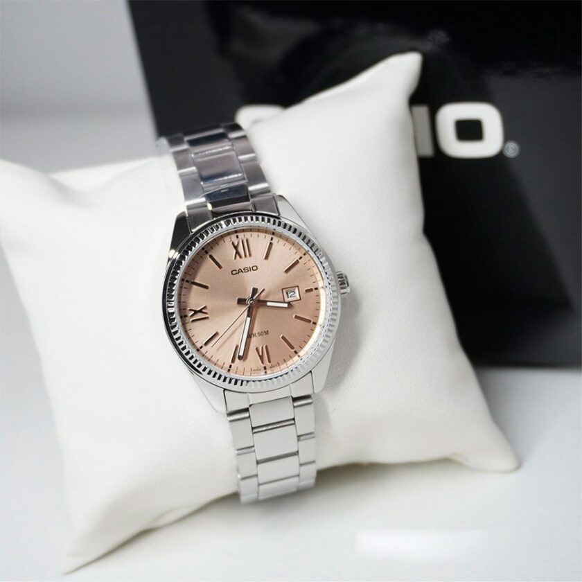 montre casio ltp 1302dd 4a2vdf femme bracelet acier inoxydable, résistance 50m, affichage analogique, verre minéral placage ionique rose gold ltp 1302dd 4a2vdf