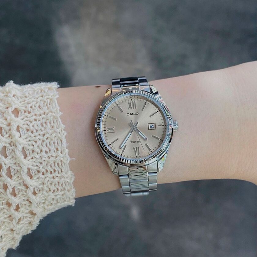montre casio ltp 1302dd 4a2vdf femme bracelet acier inoxydable, résistance 50m, affichage analogique, verre minéral placage ionique rose gold ltp 1302dd 4a2vdf