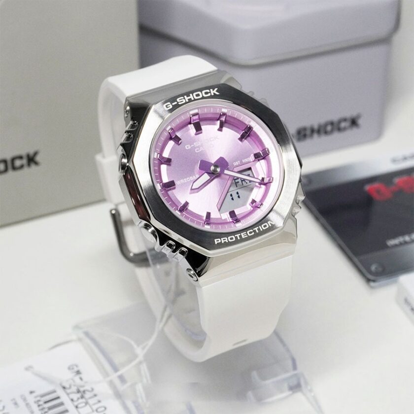 montre casio g shock homme gm s2110 7a6dr résine/acier inoxydable, résistante aux chocs, Étanche 200m, double éclairage led, bracelet biosourcé blanc