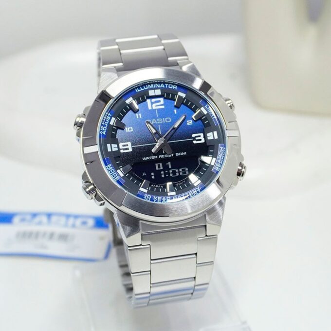 Montre Casio AMW-870DA - Homme - Heure mondiale, Chronomètre, Alarme, LED ambre - Acier inoxydable - Argent - AMW-870DA-2A2VDF