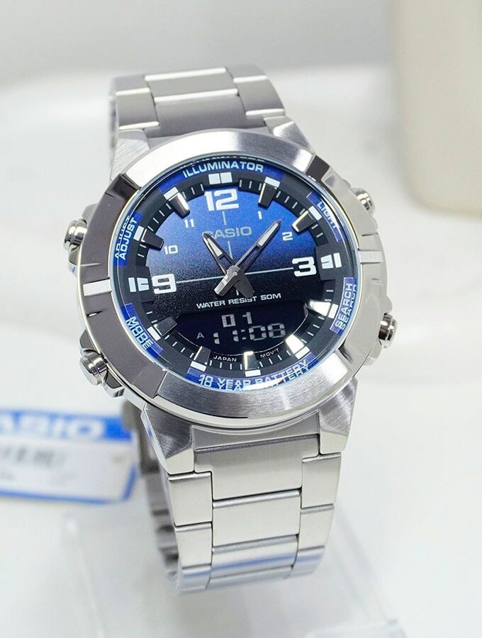 Montre Casio AMW-870DA - Homme - Heure mondiale, Chronomètre, Alarme, LED ambre - Acier inoxydable - Argent - AMW-870DA-2A2VDF