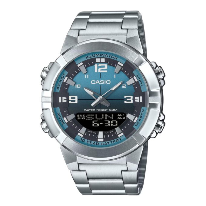 Montre Casio AMW-870DA - Homme - Heure mondiale, Chronomètre, Alarme, LED ambre - Acier inoxydable - Argent - AMW-870DA-2A2VDF