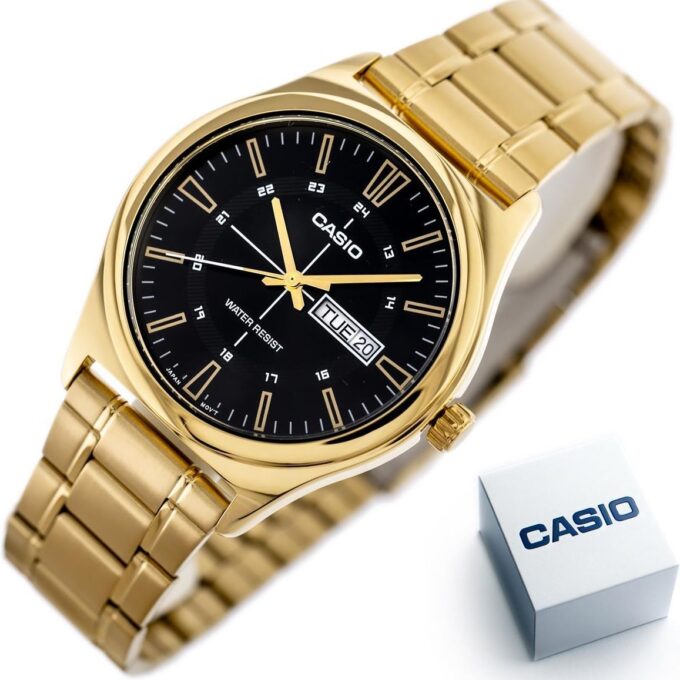 Montre Analogique Homme - Bracelet Acier Inoxydable Plaqué Or - Résistant à lEau - Affichage Jour et Date - Chronographe - Verre Minéral - Boîtier 45,1 mm - Fermoir Triple - MTP-V006G-1CUDF