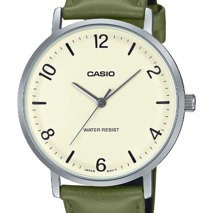 Montre analogique Casio Pour Homme, Minimaliste, Bracelet en Cuir Vert, Cadran Beige Concave, 3 Aiguilles - MTP-VT03L-7BDF
