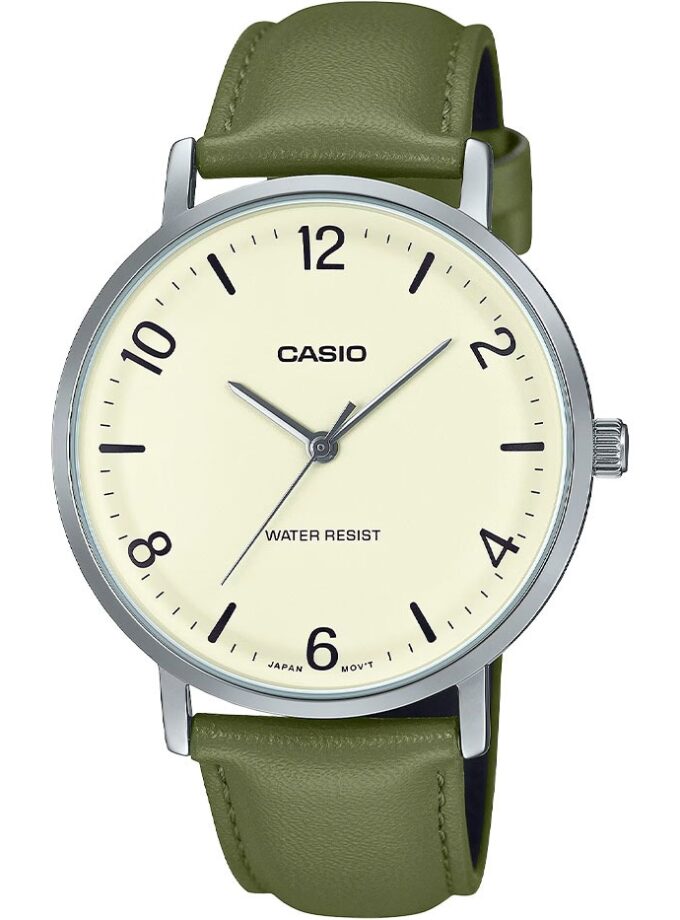 Montre analogique Casio Pour Homme, Minimaliste, Bracelet en Cuir Vert, Cadran Beige Concave, 3 Aiguilles - MTP-VT03L-7BDF