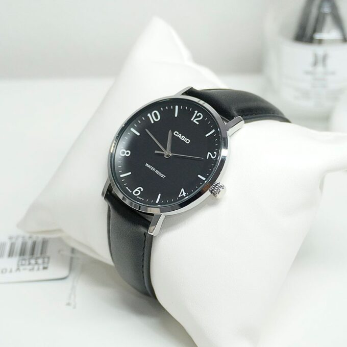 Montre Analogique Casio Pour Homme, Bracelet en Cuir Noir Minimaliste, Cadran Noir Concave, 3 Aiguilles - MTP-VT03L-1BDF