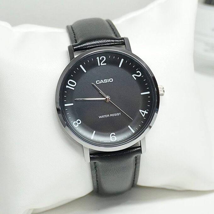 Montre Analogique Casio Pour Homme, Bracelet en Cuir Noir Minimaliste, Cadran Noir Concave, 3 Aiguilles - MTP-VT03L-1BDF