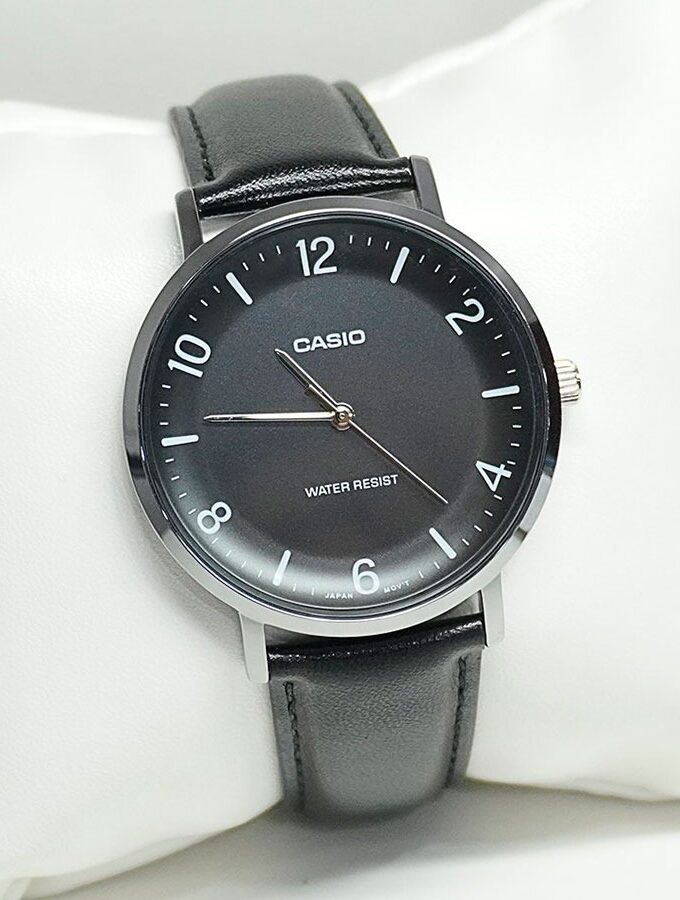 Montre Analogique Casio Pour Homme, Bracelet en Cuir Noir Minimaliste, Cadran Noir Concave, 3 Aiguilles - MTP-VT03L-1BDF