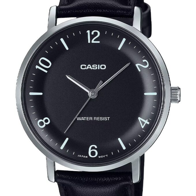 Montre Analogique Casio Pour Homme, Bracelet en Cuir Noir Minimaliste, Cadran Noir Concave, 3 Aiguilles - MTP-VT03L-1BDF