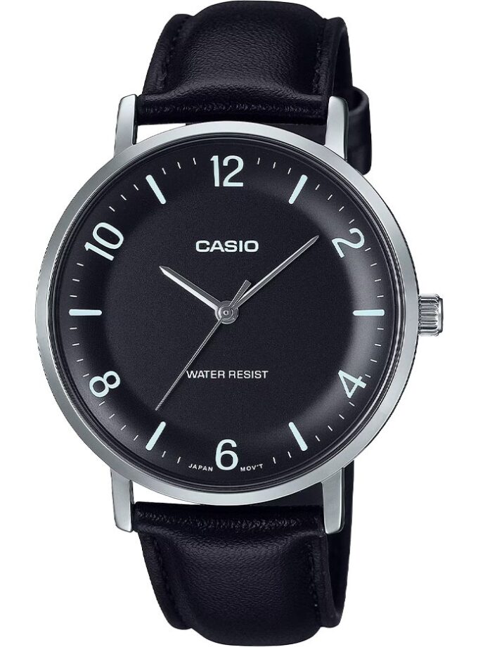 Montre Analogique Casio Pour Homme, Bracelet en Cuir Noir Minimaliste, Cadran Noir Concave, 3 Aiguilles - MTP-VT03L-1BDF