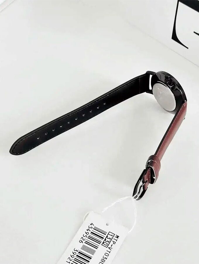 Montre Analogique Casio Pour Homme, Minimaliste, Bracelet en Cuir Marron, Cadran Blanc Concave, 3 Aiguilles - MTP-VT03BL-7BDF