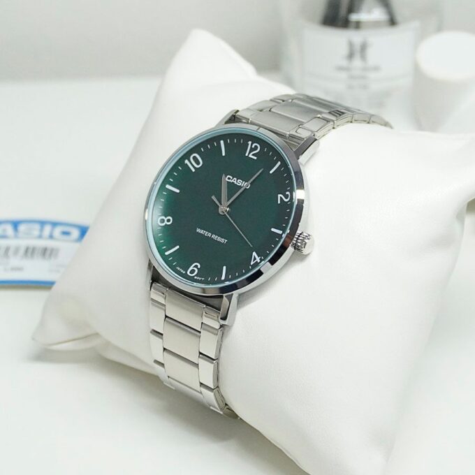 Montre Analogique Casio Pour Femme, Minimaliste, Bracelet en Acier, Cadran Vert Concave, 3 Aiguilles - MTP-VT03D-3BDF