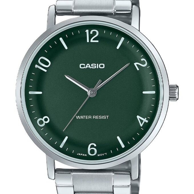 Montre Analogique Casio Pour Femme, Minimaliste, Bracelet en Acier, Cadran Vert Concave, 3 Aiguilles - MTP-VT03D-3BDF