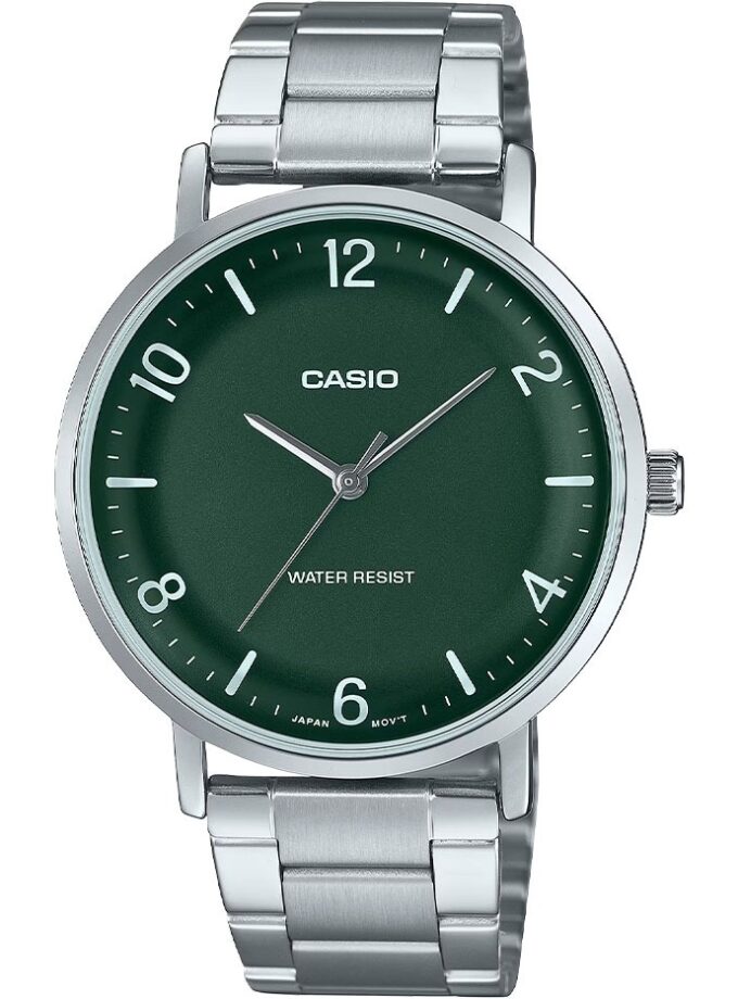 Montre Analogique Casio Pour Femme, Minimaliste, Bracelet en Acier, Cadran Vert Concave, 3 Aiguilles - MTP-VT03D-3BDF