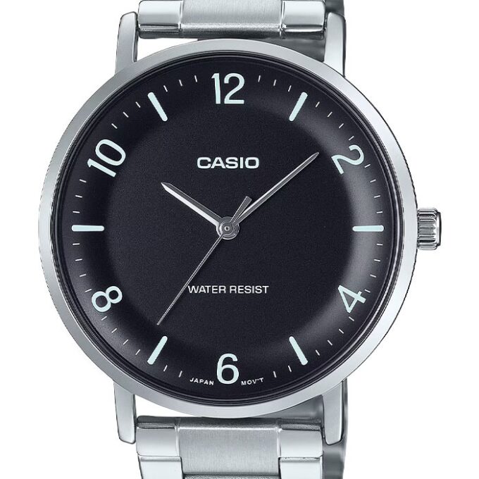 Montre Analogique Casio Pour Homme, Minimaliste, Bracelet en Acier Gris, Cadran Noir Concave, 3 Aiguilles - MTP-VT03D-1BDF