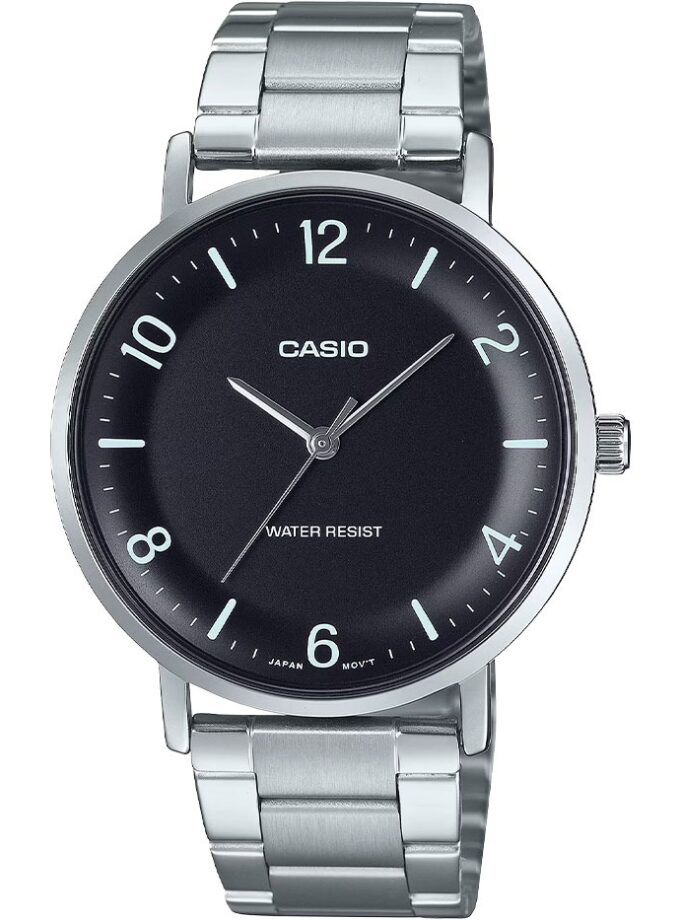 Montre Analogique Casio Pour Homme, Minimaliste, Bracelet en Acier Gris, Cadran Noir Concave, 3 Aiguilles - MTP-VT03D-1BDF