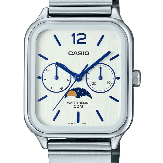 Montre Homme Casio Quartz Acier Inoxydable, Affichage Analogique, Jour-Date-Mois, Résistante à l’eau, Bracelet Argent, Cadran Blanc – MTP-M305D-7AVDF