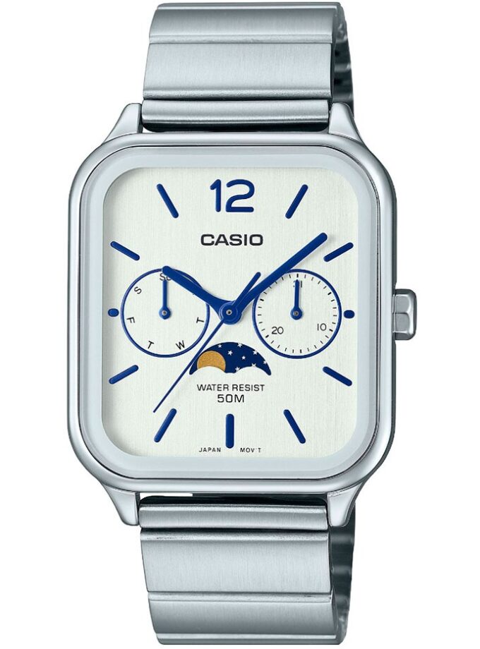 Montre Homme Casio Quartz Acier Inoxydable, Affichage Analogique, Jour-Date-Mois, Résistante à l’eau, Bracelet Argent, Cadran Blanc – MTP-M305D-7AVDF