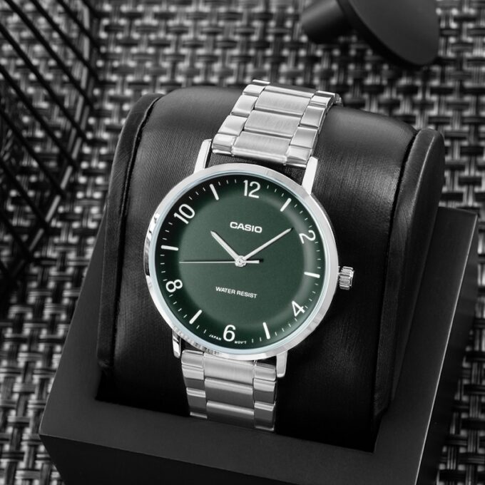 Montre Analogique Casio Pour Femme, Minimaliste, Bracelet en Acier, Cadran Vert Concave, 3 Aiguilles - MTP-VT03D-3BDF