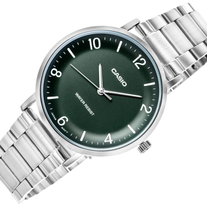 Montre Analogique Casio Pour Femme, Minimaliste, Bracelet en Acier, Cadran Vert Concave, 3 Aiguilles - MTP-VT03D-3BDF