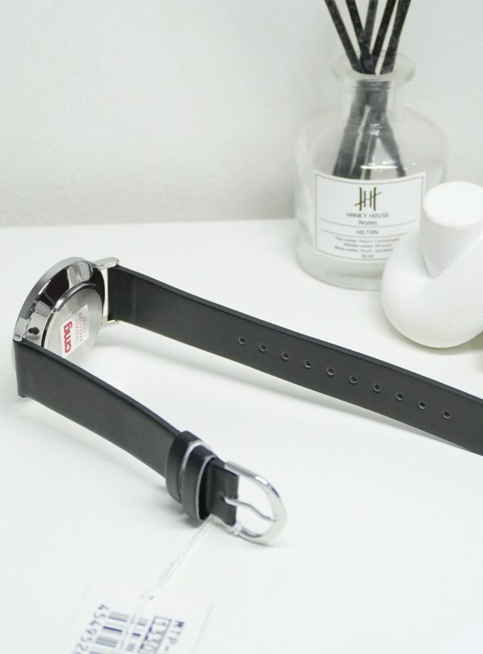 Montre Analogique Minimaliste pour Homme - Bracelet Cuir Noir avec Cadran Concave Blanc - 3 Aiguilles - MTP-VT04L-7EDF