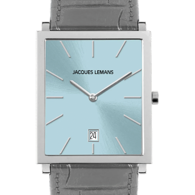Montre Femme Jacques Lemans, Acier Brossé/Poli, Cadran Bleu, Bracelet Cuir Gris Crocodile, Verre Saphir, Rectangulaire 30 mm, 1-2173D