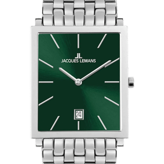 Montre-bracelet Jacques Lemans pour homme – Mouvement quartz, affichage date, cadran vert soleillé, boîtier acier inoxydable 316L, verre saphir, bracelet intégré, résistant à l’eau 5 bars, ref. 1-2173I