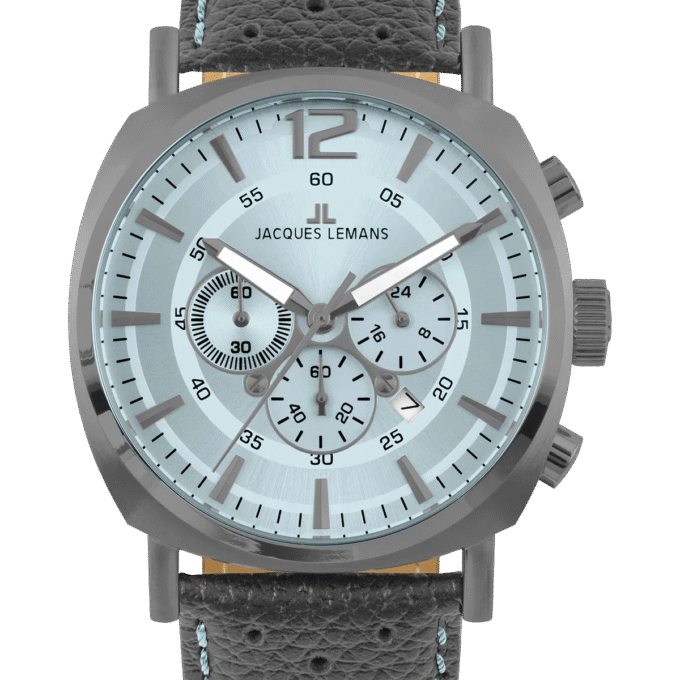 Montre Homme Jacques Lemans Collection Lugano 1-1645 - Chronographe Acier Inoxydable Massif - Diamètre 46 mm - Affichage Analogique Index - Bracelet en Cuir Gris/Bleu Surpiqûres - Mouvement TMI VD53C 14 - Etanche jusqu'à 10 ATM - 1-1645S