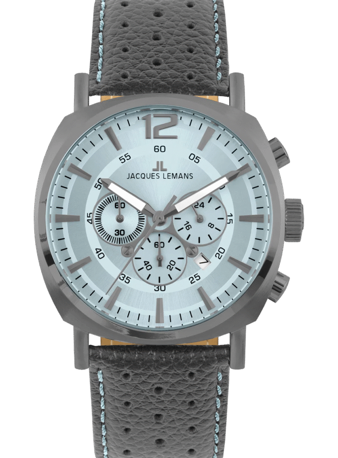 Montre Homme Jacques Lemans Collection Lugano 1-1645 - Chronographe Acier Inoxydable Massif - Diamètre 46 mm - Affichage Analogique Index - Bracelet en Cuir Gris/Bleu Surpiqûres - Mouvement TMI VD53C 14 - Etanche jusqu'à 10 ATM - 1-1645S