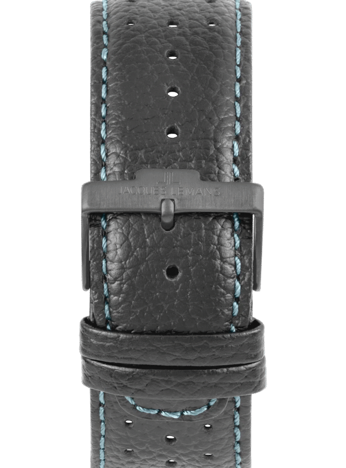 Montre Homme Jacques Lemans Collection Lugano 1-1645 - Chronographe Acier Inoxydable Massif - Diamètre 46 mm - Affichage Analogique Index - Bracelet en Cuir Gris/Bleu Surpiqûres - Mouvement TMI VD53C 14 - Etanche jusqu'à 10 ATM - 1-1645S