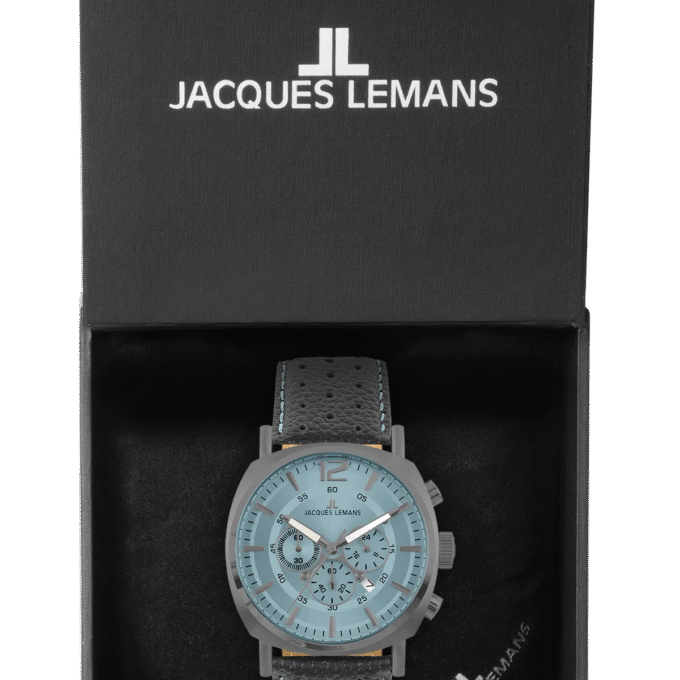Montre Homme Jacques Lemans Collection Lugano 1-1645 - Chronographe Acier Inoxydable Massif - Diamètre 46 mm - Affichage Analogique Index - Bracelet en Cuir Gris/Bleu Surpiqûres - Mouvement TMI VD53C 14 - Etanche jusqu'à 10 ATM - 1-1645S