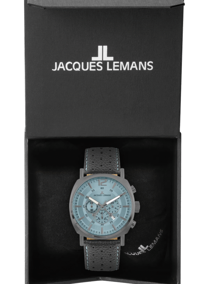 Montre Homme Jacques Lemans Collection Lugano 1-1645 - Chronographe Acier Inoxydable Massif - Diamètre 46 mm - Affichage Analogique Index - Bracelet en Cuir Gris/Bleu Surpiqûres - Mouvement TMI VD53C 14 - Etanche jusqu'à 10 ATM - 1-1645S