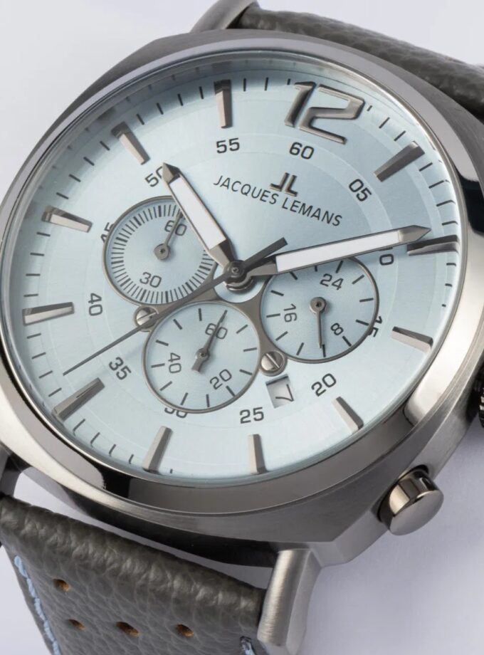 Montre Homme Jacques Lemans Collection Lugano 1-1645 - Chronographe Acier Inoxydable Massif - Diamètre 46 mm - Affichage Analogique Index - Bracelet en Cuir Gris/Bleu Surpiqûres - Mouvement TMI VD53C 14 - Etanche jusqu'à 10 ATM - 1-1645S
