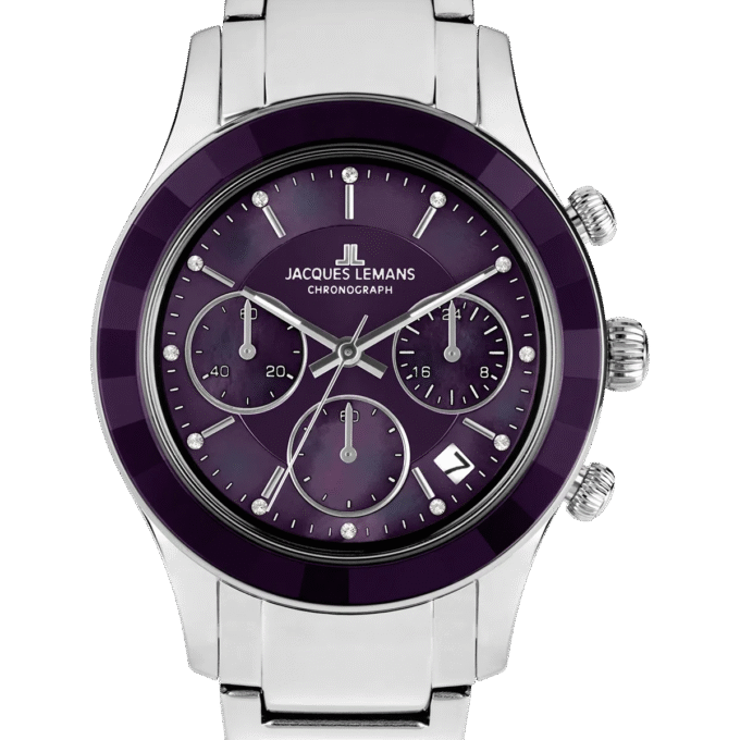 Montre Femme Jacques Lemans - Venise - Habillée, Sport, Chronographe, Quartz, Acier Brossé et Poli, Cadran Nacre Violette Cristaux, Boucle Déployante Acier, Verre Minéral, Étanche 50 Mètre - 1-2151M