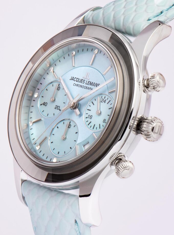 Montre Homme Chronographe Quartz Suisse Jacques Lemans 1-2151C – Acier Inoxydable Rond Argent Verre Minéral – Cadran Bleu Clair Bracelet Bleu Clair – 38mm – 5ATM – Garantie 2 Ans
