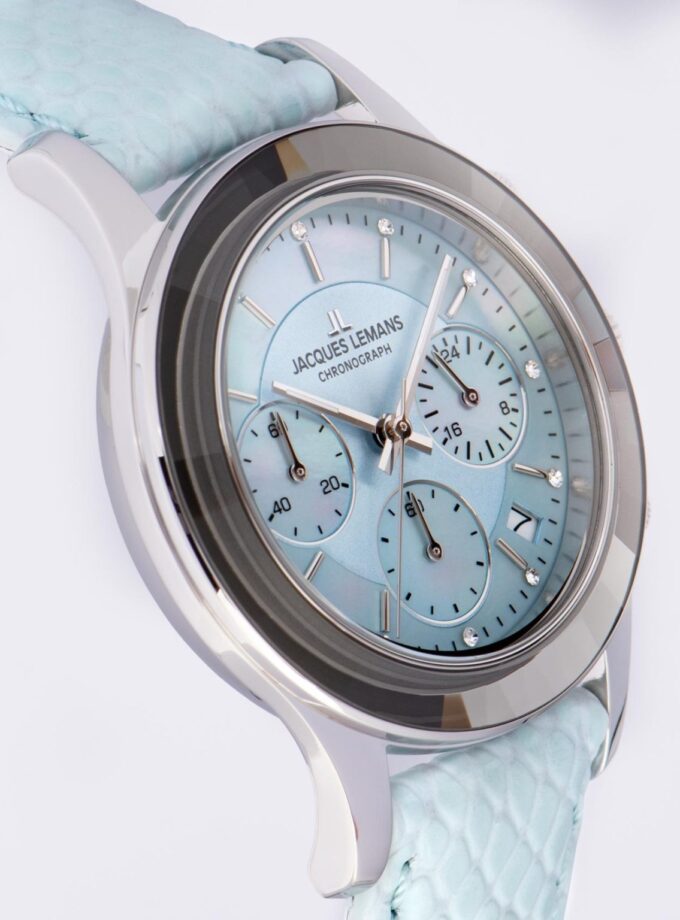 Montre Homme Chronographe Quartz Suisse Jacques Lemans 1-2151C – Acier Inoxydable Rond Argent Verre Minéral – Cadran Bleu Clair Bracelet Bleu Clair – 38mm – 5ATM – Garantie 2 Ans
