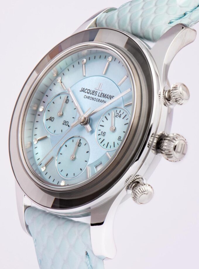 Montre Homme Chronographe Quartz Suisse Jacques Lemans 1-2151C – Acier Inoxydable Rond Argent Verre Minéral – Cadran Bleu Clair Bracelet Bleu Clair – 38mm – 5ATM – Garantie 2 Ans