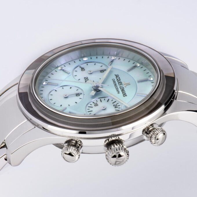 Montre Femme Jacques Lemans - Venise Chronographe, Acier Inoxydable Argent, Cadran Nacre, Affichage Date, Etanche 50 Mètres, Mouvement TMI VD53C - Réf. 1-2151K