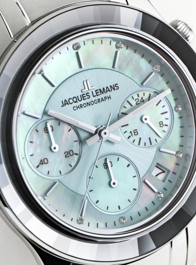 Montre Femme Jacques Lemans - Venise Chronographe, Acier Inoxydable Argent, Cadran Nacre, Affichage Date, Etanche 50 Mètres, Mouvement TMI VD53C - Réf. 1-2151K
